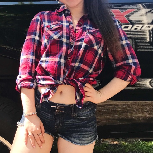 Red & Blue Plaid Flannel Shirt - Picture 1 of 6